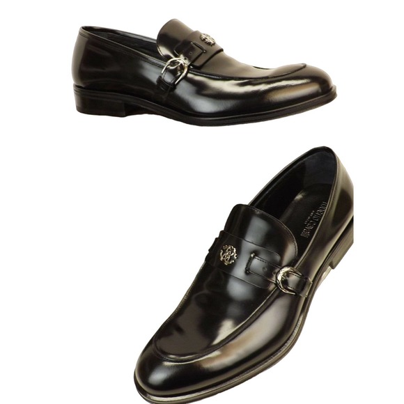 NIB ROBERTO CAVALLI BLACK LEATHER BELTED BUCKLE LOGO LOAFERS  display picture 1